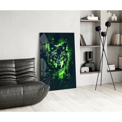 Vibrant glowing green wolf glass wall art with neon accents on dark background