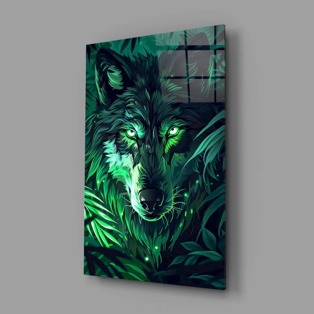 Vibrant green digital wolf with glowing eyes in glossy acrylic glass wall art