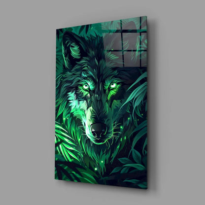 Vibrant green digital wolf with glowing eyes in glossy acrylic glass wall art