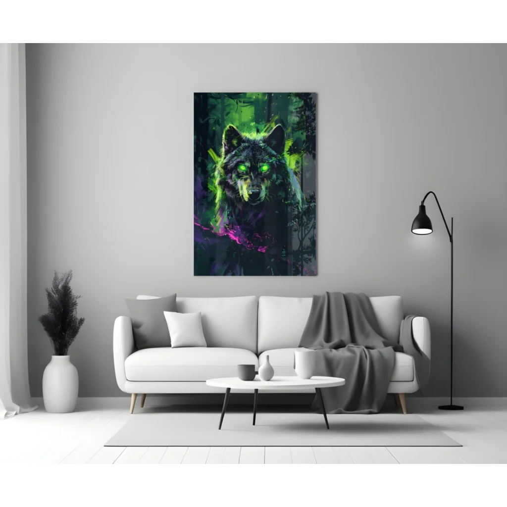 Neon Wolf Glass Wall Art with Glowing Green Eyes | Modern Wall Art Decor | vintageantiquesgifts.com