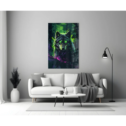 Neon Wolf Glass Wall Art with Glowing Green Eyes | Modern Wall Art Decor | vintageantiquesgifts.com