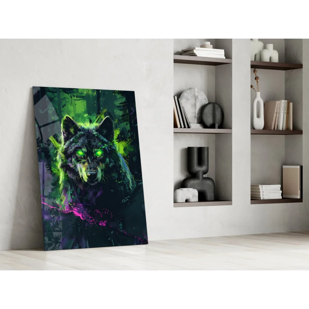 Neon wolf glass wall art with glowing green eyes on vibrant canvas