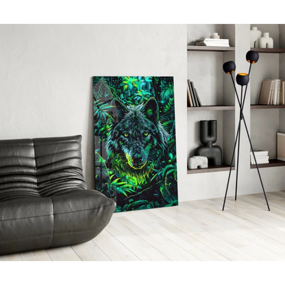 Vibrant neon green and black wolf on glowing eyes glass wall art