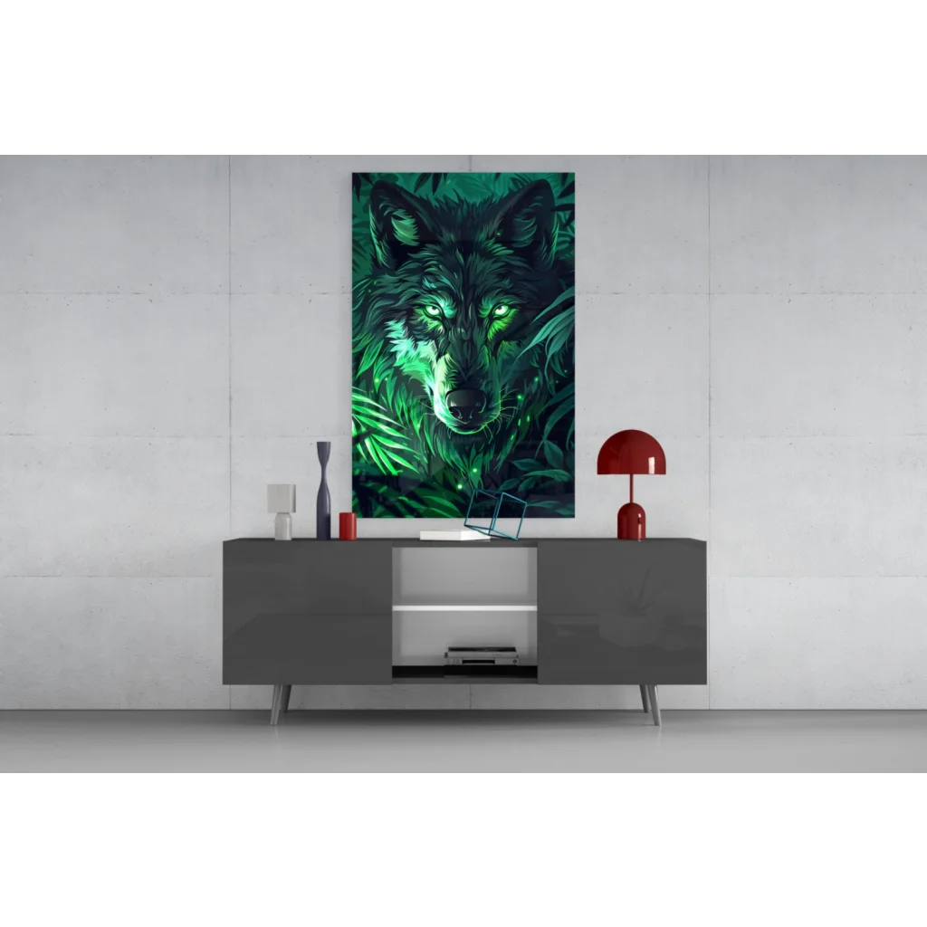 Vibrant green digital wolf with glowing emerald eyes on glass wall art