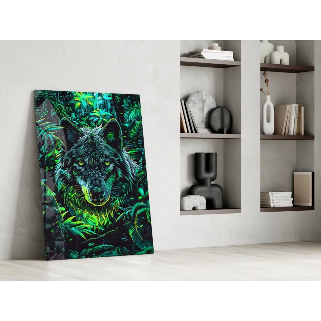 Neon wolf glass wall art with glowing eyes in vibrant jungle foliage
