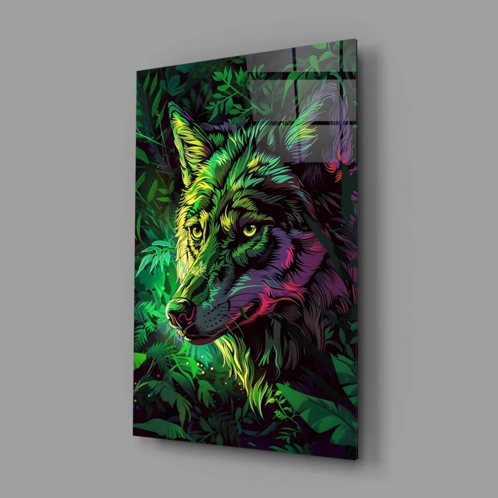 Vibrant neon wolf glass wall art with glowing eyes on acrylic panel