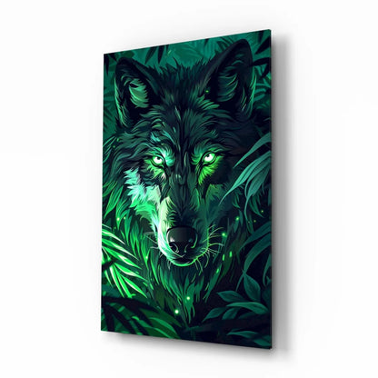 Stylized black wolf with glowing emerald eyes in glass wall art