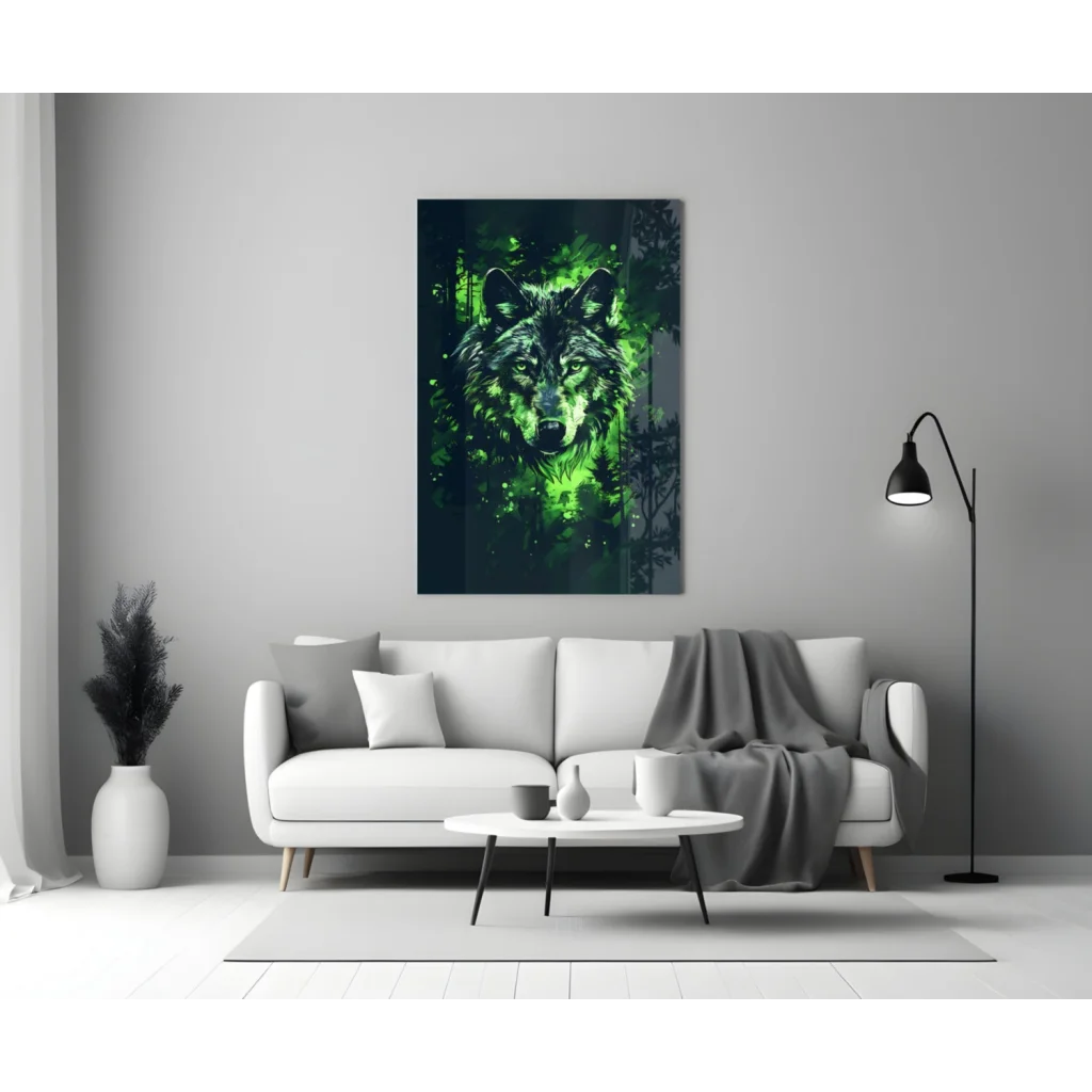 Glowing green wolf glass wall art with neon forest vibes
