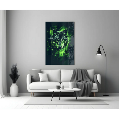 Glowing green wolf glass wall art with neon forest vibes