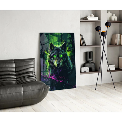 Vibrant neon wolf glass wall art with glowing green eyes on sleek canvas