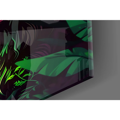 Neon Wolf glass wall art with glowing eyes in sleek acrylic frame