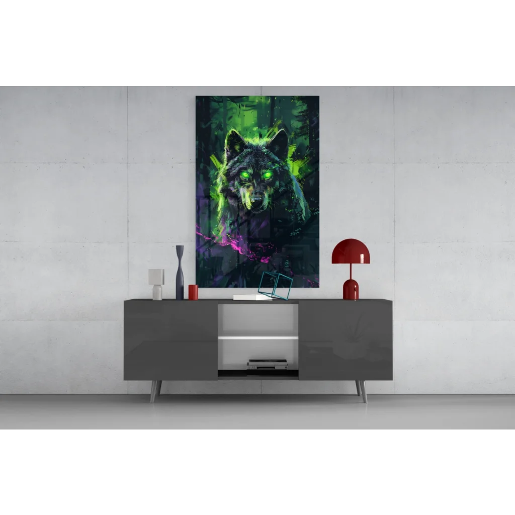 Vibrant neon wolf glass wall art with glowing green eyes in forest backdrop