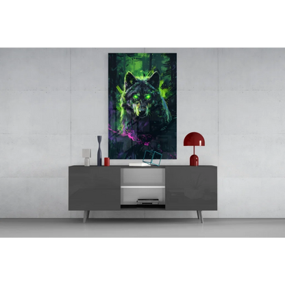Vibrant neon wolf glass wall art with glowing green eyes in forest backdrop
