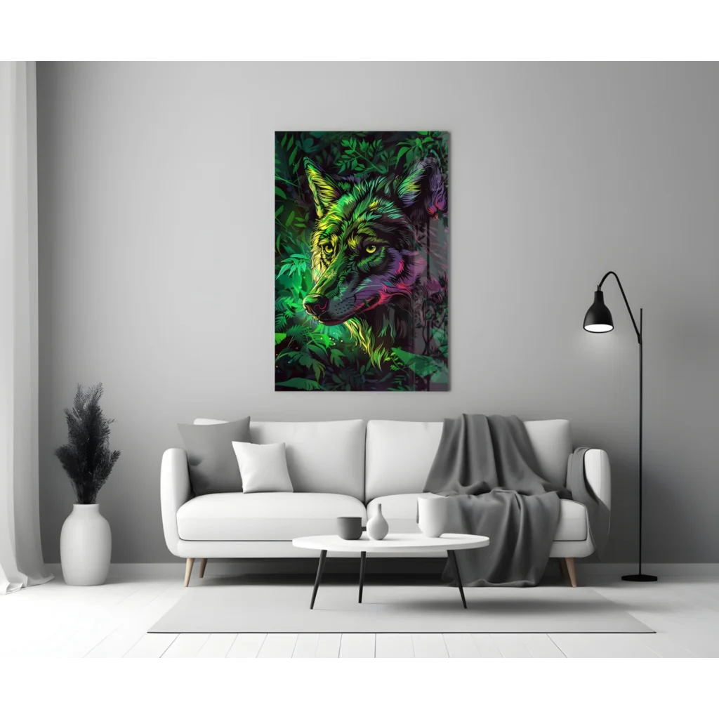 Vibrant neon-green purple wolf glass wall art with glowing eyes on gray wall
