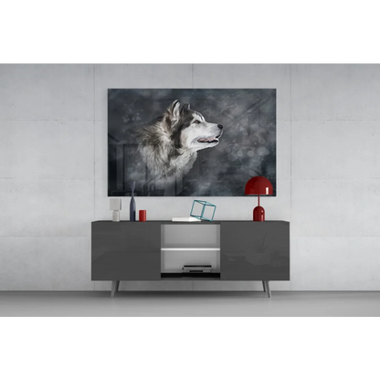 Stunning black-and-white husky glass wall art print with detailed fur