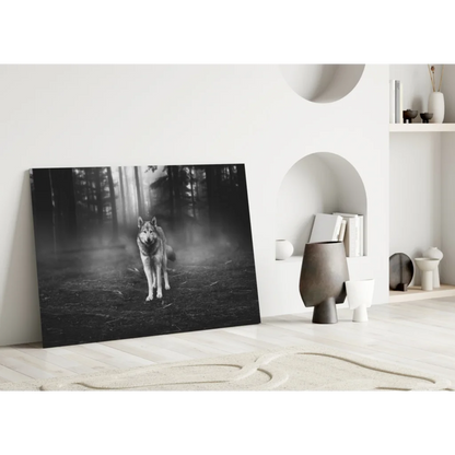 Black-and-white wolf in misty forest canvas wall art print