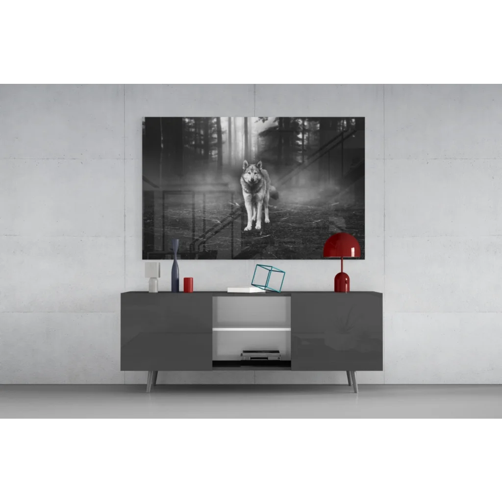 Mystical black-and-white wolf in misty forest canvas wall art