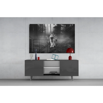 Mystical black-and-white wolf in misty forest canvas wall art