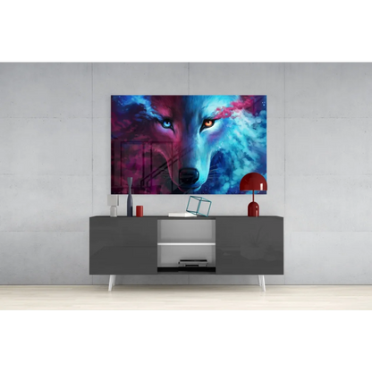Cosmic wolf wall art with glowing blue and amber eyes in vibrant hues