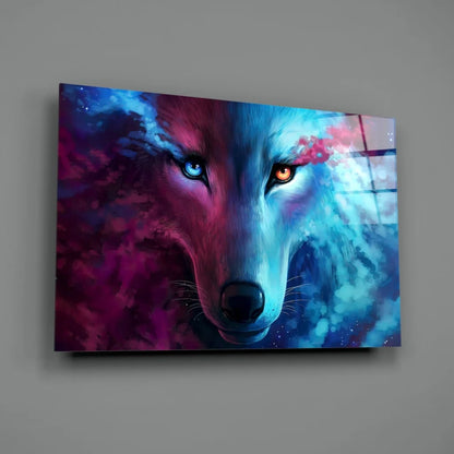 Cosmic wolf glass wall art with blue orange eyes in purple pink teal swirls
