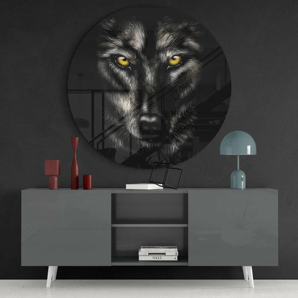 Fierce wolf tempered glass art clock with yellow eyes on dark wall