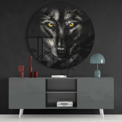 Fierce wolf tempered glass art clock with yellow eyes on dark wall