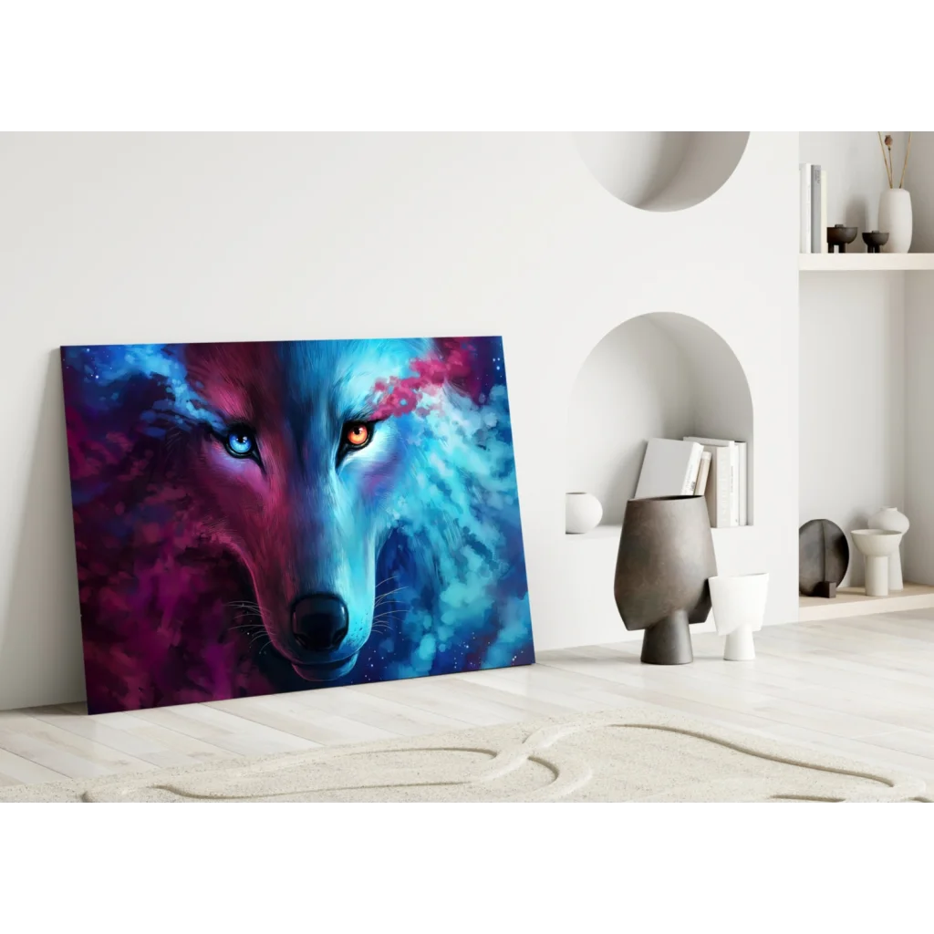 Cosmic wolf glass wall art with mesmerizing blue and orange eyes