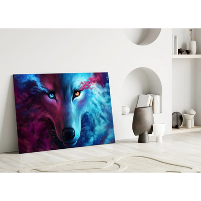 Cosmic wolf glass wall art with mesmerizing blue and orange eyes