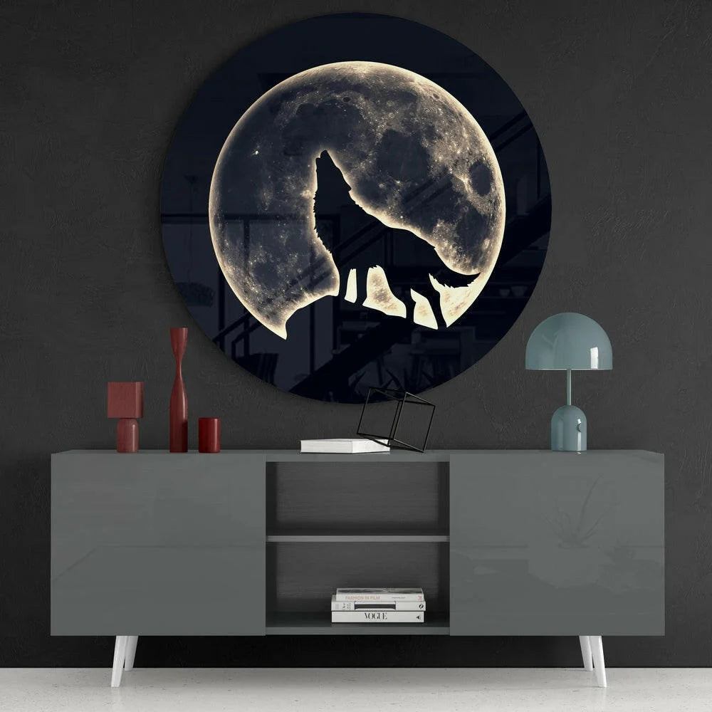 Glowing moon wolf tempered glass art with howling silhouette