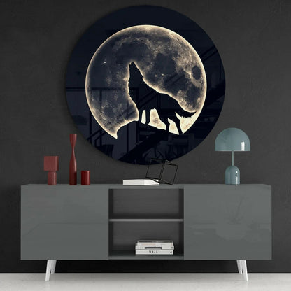 Glowing moon wolf tempered glass art with howling silhouette