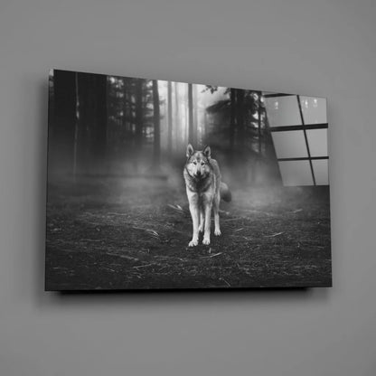 Mystical wolf in foggy forest black-and-white canvas wall art