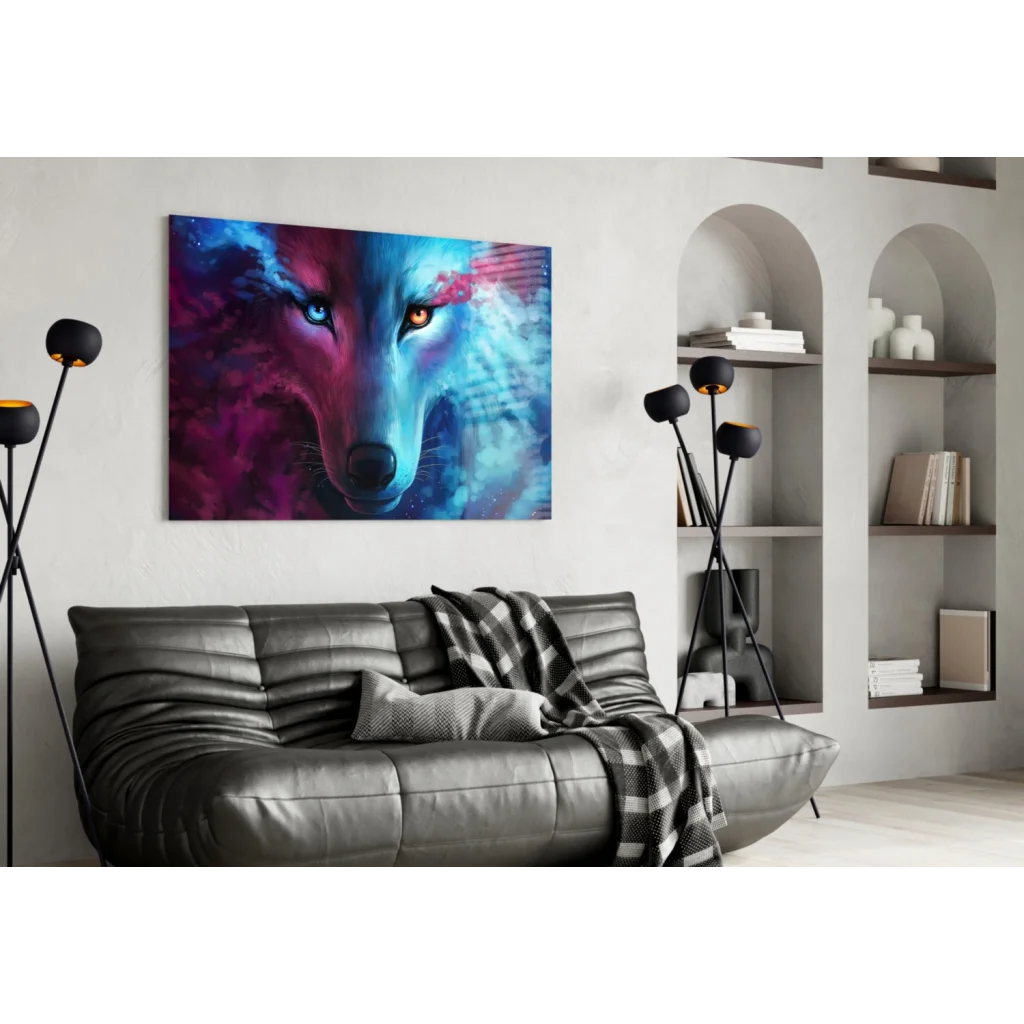 Cosmic wolf wall art with glowing blue and amber eyes in purple teal swirls