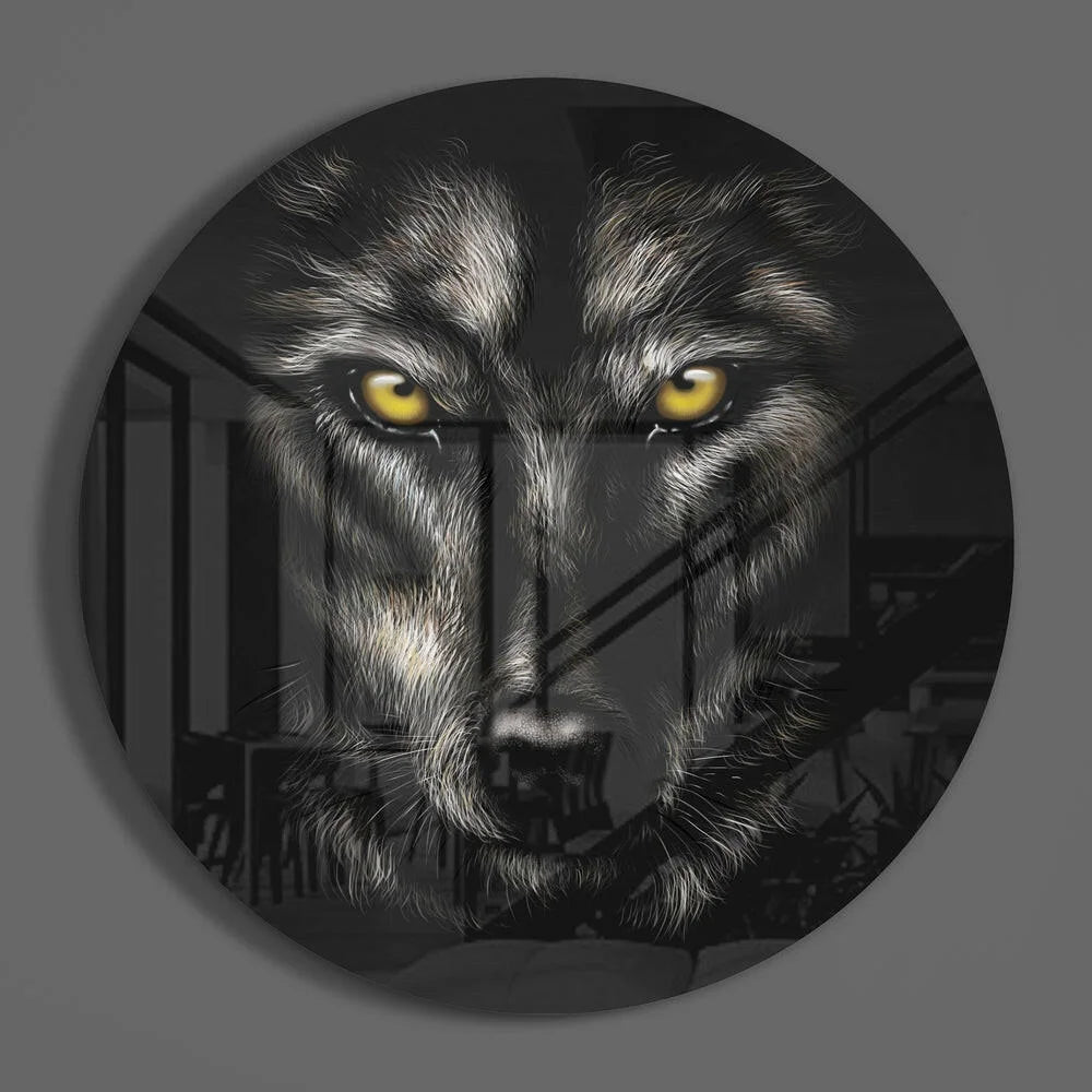 Fierce wolf tempered glass art clock with piercing yellow eyes