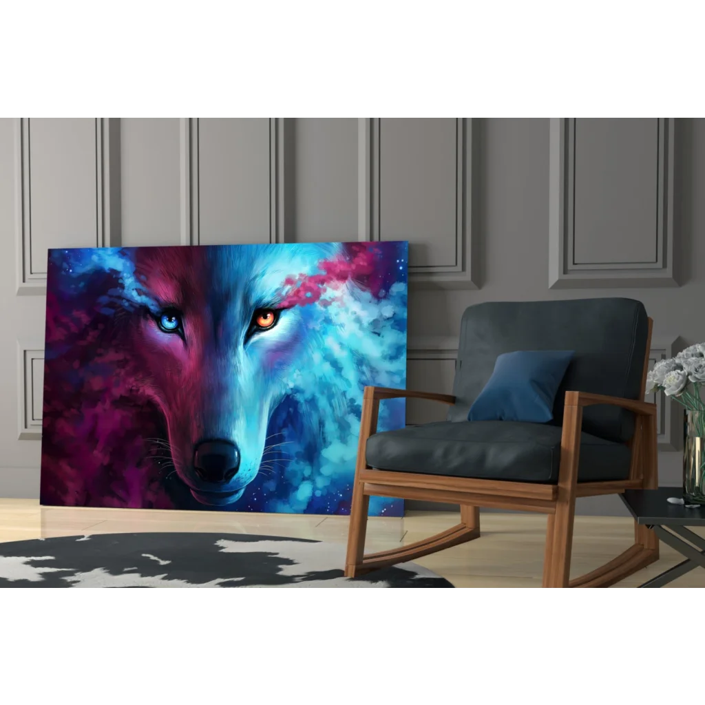 Cosmic wolf wall art with blue and amber eyes in vibrant swirls