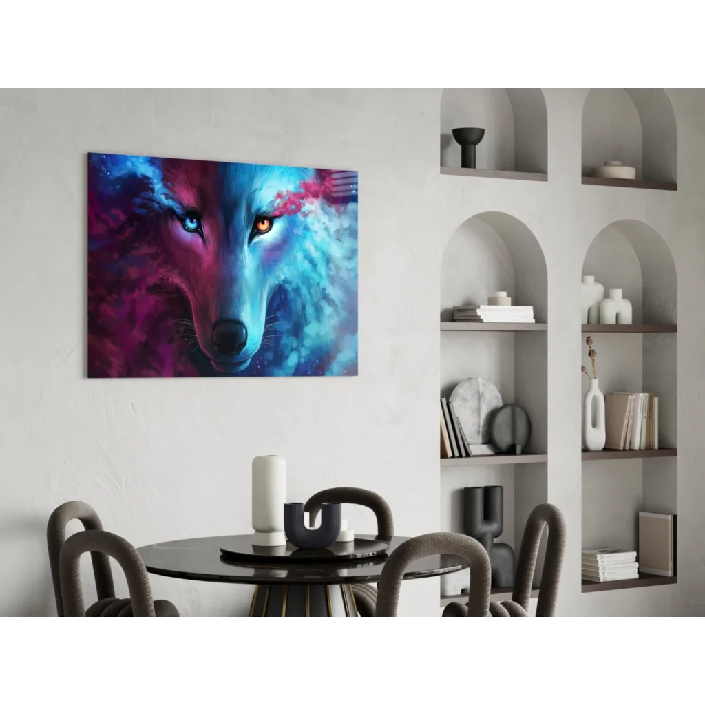 Cosmic wolf wall art with glowing blue and amber eyes in purple teal swirls
