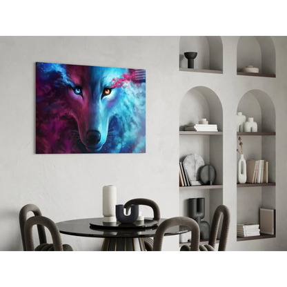 Cosmic wolf wall art with glowing blue and amber eyes in purple teal swirls