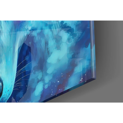 Stylized blue teal cat in cosmic glass wall art with starry background