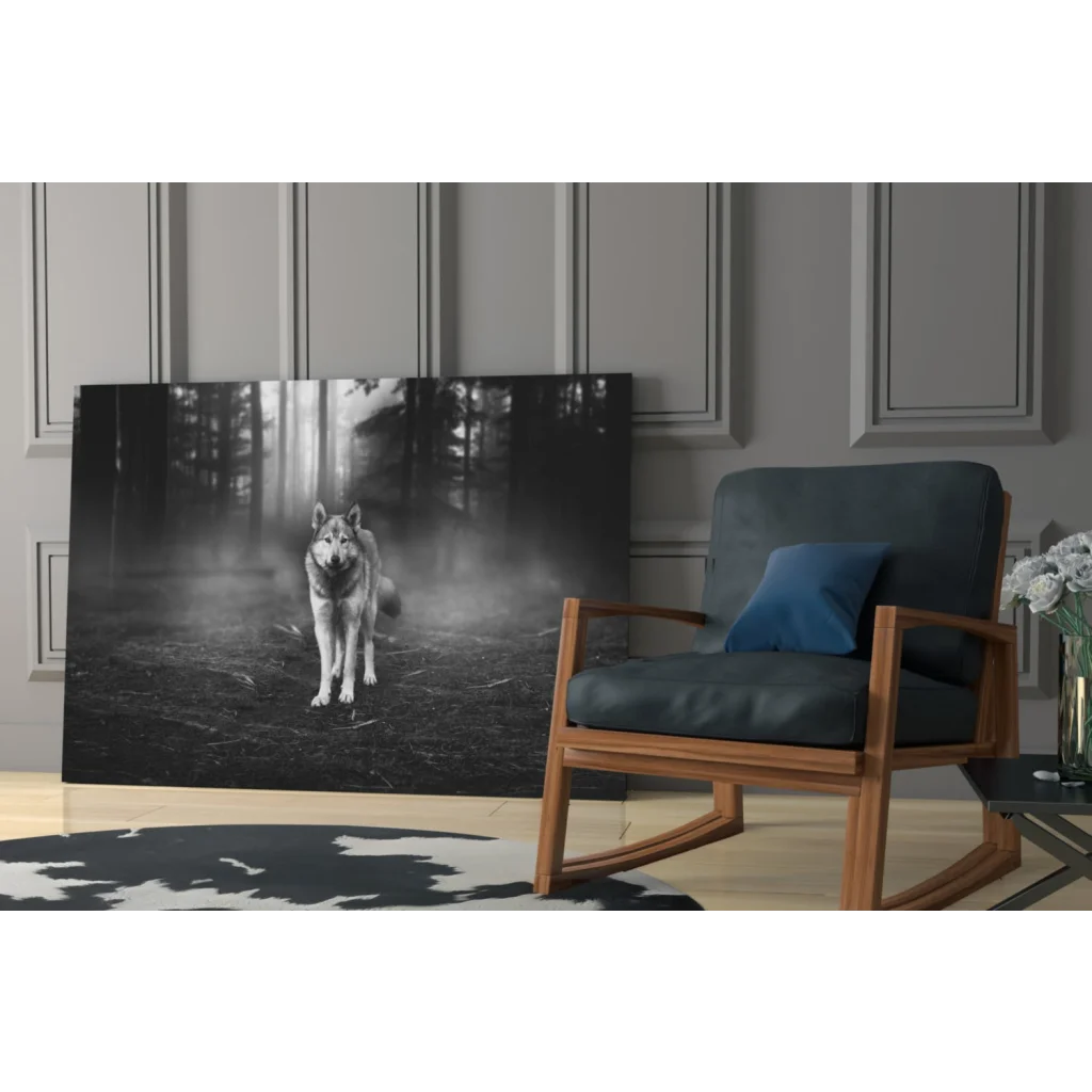 Black-and-white wolf in misty forest canvas wall art print