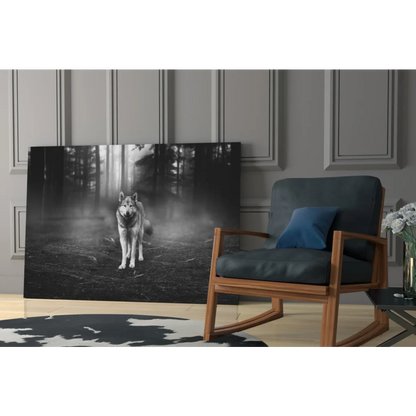 Black-and-white wolf in misty forest canvas wall art print