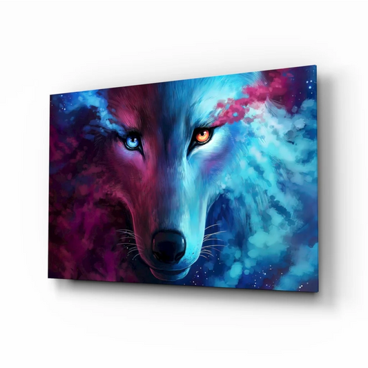 Cosmic wolf wall art with dual blue amber eyes on cosmic glass wall