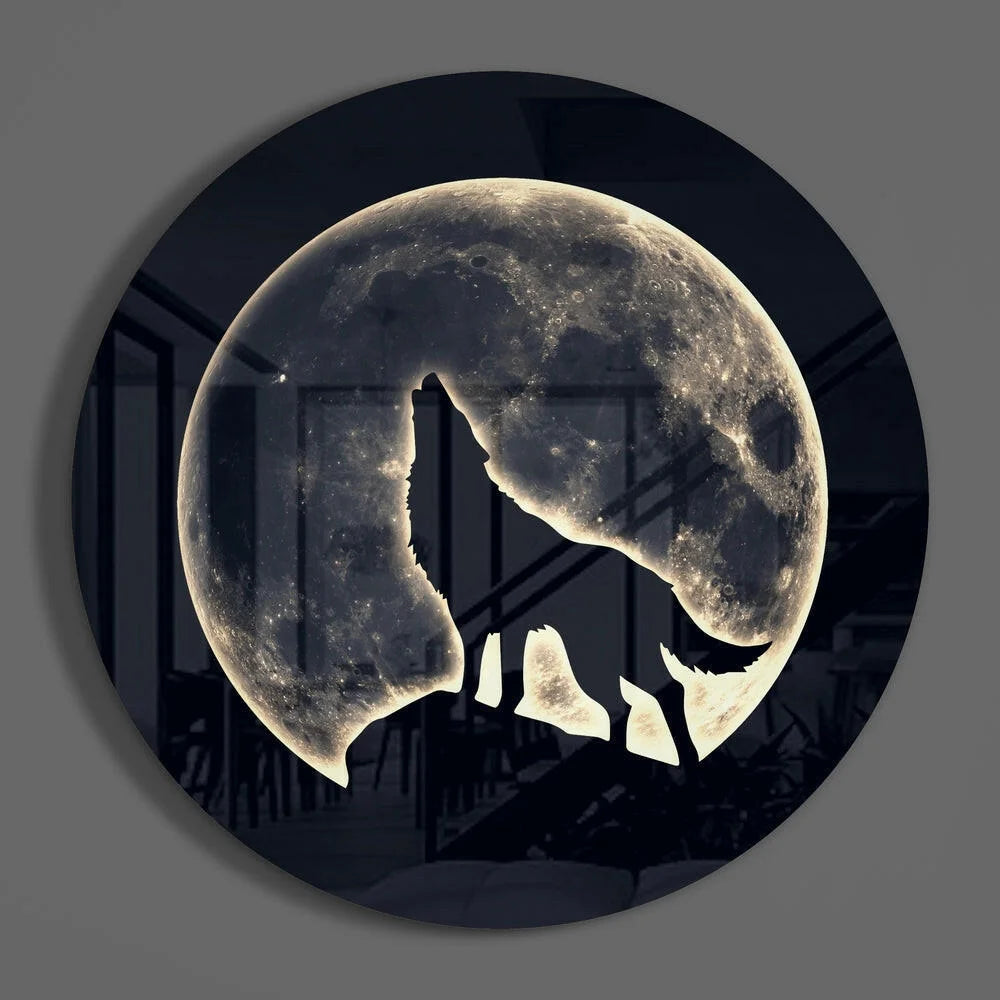 Glowing moon wolf tempered glass art with wolf silhouette biting textured moon surface