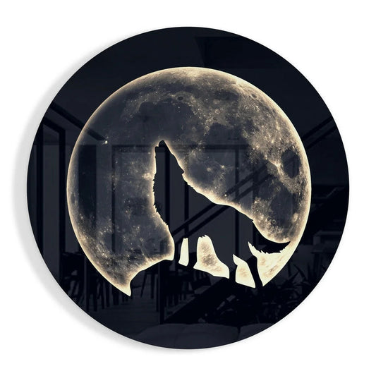 Glowing moon wolf tempered glass art with textured silhouette