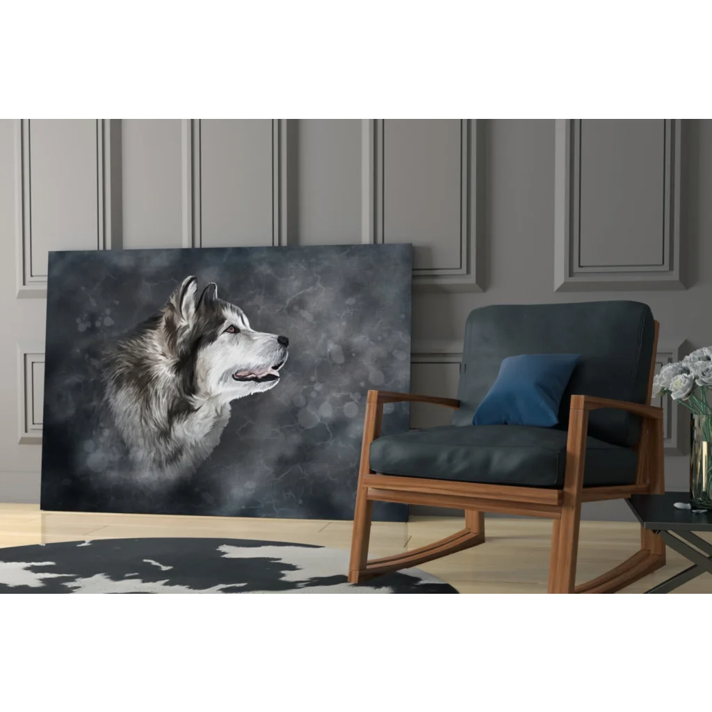 Striking black-and-white husky head glass wall art print