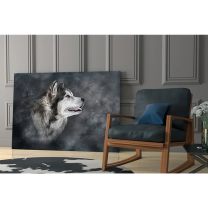 Striking black-and-white husky head glass wall art print