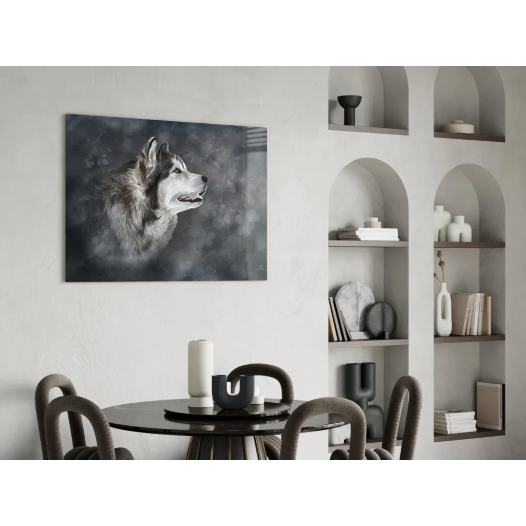 Stunning glass wall art of Alaskan Malamute portrait