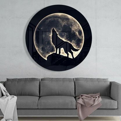Glowing moon wolf tempered glass art with howling silhouette