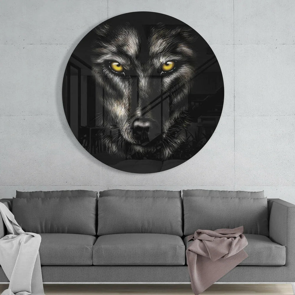 Fierce wolf tempered glass art clock with piercing yellow eyes