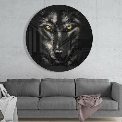 Fierce wolf tempered glass art clock with piercing yellow eyes