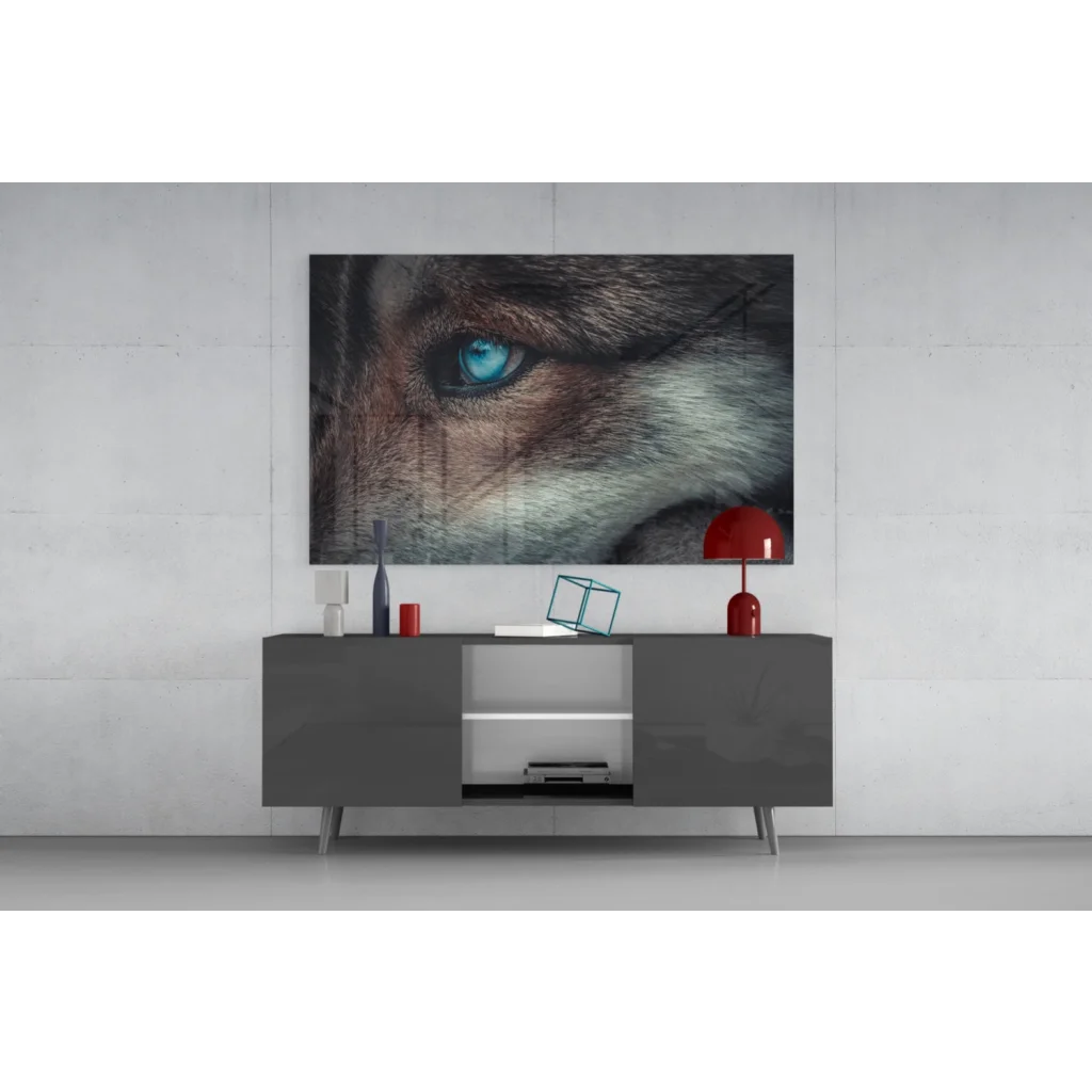Piercing blue wolf eye canvas wall art print close-up