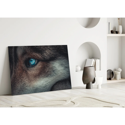 Close-up blue wolf eye wall art canvas print with detailed fur